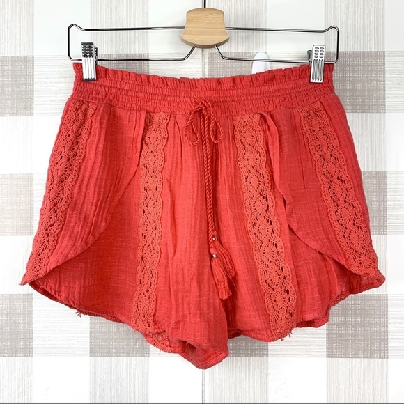 American Eagle Coral Pull On Shorts Crochet Linen - Picture 1 of 6